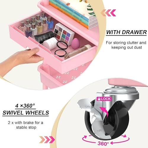 Goovilla 3 Tier Rolling Utility Cart Organizer with Removable Drawer, Stable and Sturdy Pink Rolling Storage Carts with 2 Lockable Wheels for Bathroom, Kitchen, Snack, Craft, Makeup, Baby Essentials thumbnail 3