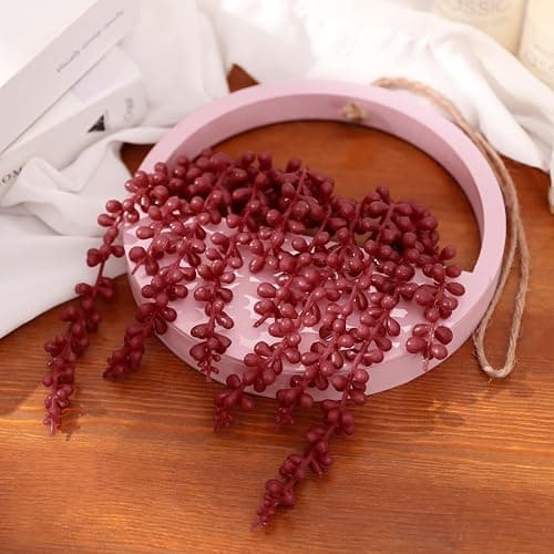 Floweroyal 2pcs Artificial Succulents Hanging Plants 12.2'' Fake String of Pearls in Pot with 8.3'' Lanyard for Indoor Outdoor Wall Decor (Pink). thumbnail 2