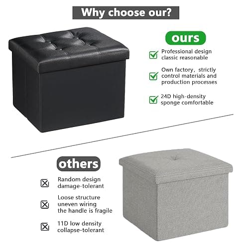 AmasSmile Storage Ottoman Folding Foot Rest Stool, Leather Footstool Bench, Short Ottoman Stool, Storage Foot Rest Store, Books (Black, 13" D x 17" W x 13" H) - Black 1 Pack - 13"D x 17"W x 13"H thumbnail 4