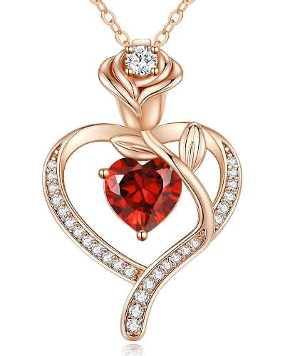 LOUISA SECRET Rose Flower Heart Birthstone Necklaces for Women, 925 Sterling Silver Fine Jewelry, Pendant Heart Necklaces Birthday Anniversary Christmas Gift for Women Wife Mom Girlfriend Lady - Image 1