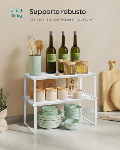 SONGMICS Organizzatori da Cucina, Set di 4 Scaffali da Banco, Portaoggetti per Armadietto, Impilabile, Espandibile, Metallo e Legno Ingegnerizzato, Bianco Nuvola e Bianco Neve KCS028W01 thumbnail 5