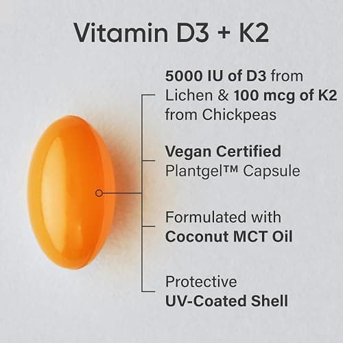 Sports Research® Vitamin D3 + K2 w/ Coconut Oil - Vegan Vitamin D 5000iu & Mk7 Vitamin K 100mcg for Bone & Immune Support - Vegan Certified · Non-GMO · Soy Free - 60 Softgels thumbnail 2