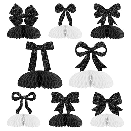 Cheerupp 8 Pcs Black Bow Glitter Honeycomb Centerpieces Decorations, Black White Table Toppers Decor, Bow 3D Table Signs for Baby Shower Bachelorette Birthday Party Supplies - Image 1