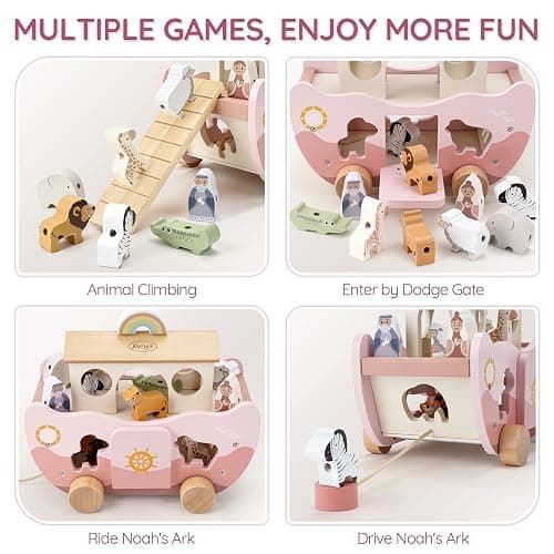 Joyreal Pink Wooden Noah's Ark Toy for 1 Year Old Baby Girl Baptism Gifts | Montessori Educational Toy, Animal Shape Sorter, Christian Toys for Toddler Boy 1-3 Years Old, Christmas Birthday Gift thumbnail 5