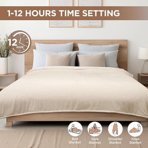 Westinghouse Electric Blanket Twin, Flower Jacquard Heated Blanket Twin Size with 10 Heating Levels and 1-12 Hours Auto-Off, Flannel to Sherpa Reversible, Machine Washable (62" x 84", Beige) thumbnail 6
