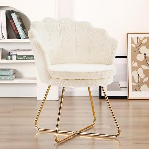 Furnimart Vanity Chair with Back, Shell Accent Chair for Living Room, Criss Cross Chair with Gold Legs, Makeup Chair for Bedroom Desk Chair no Wheels, Faux Fur White thumbnail 2