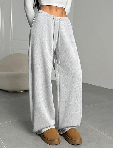 HeSaYep Women's Fleece Lined Sweatpants V-Waisted Wide Leg Sweat Pants Winter Warm Pants with Pockets thumbnail 4