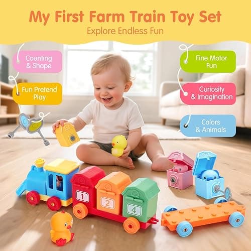 hahaland Toddler Learning Farm Train Set for Toddlers 1-3 Years | Counting Matching & Sorting Montessori Toys, Finger Puppets, Keys to Lock and Unlock Barns Birthday for Baby Boys Girls thumbnail 3