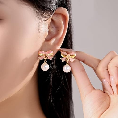 Gold Bow Earrings for Women, Long Tassel Chain Drop Earrings, Trendy Small Bow Earrings, Ribbon Waterfall Dangling Earrings, Pearl Bow Earrings, Sparkly Elegant Bowknot Preppy Jewelry Gifts for Women thumbnail 4