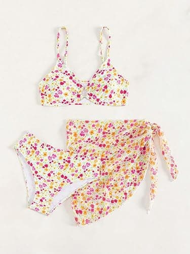 OYOANGLE Girl's 3 Piece Bikini Sets Floral Print Spaghetti Straps Cute Swimsuits with Beach Skirt Bathing Suits thumbnail 4
