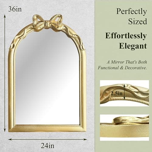 iyabat 36x24 Arched Gold Bow Wall Mirror, Vintage Vanity Mirror for Bathroom & Bedroom Decor, Antique French Style Engineered Wood Frame with Ribbon Knot, Cute Coquette Aesthetic thumbnail 3