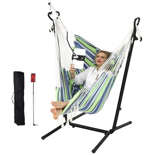 ZEYU Hammock Chair with Stand Double Hammock Chair Bohemian Style with Tassel Mobile Phone Support Manual Adjustable Swing Indoor and Outdoor Garden Porch with Floor mat Reclining Capacity 400 pounds - Image 1