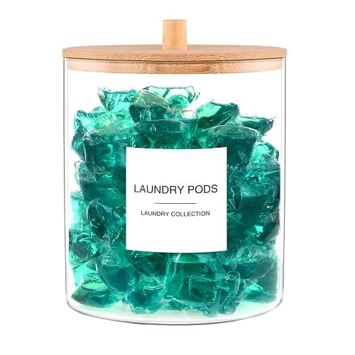 TIPGO Glass Jars for Laundry Room Organization, Laundry Pods Container with 27 Labels, Detergent Holder with Bamboo Lid, Cute Storage Jars (Set of 1) - Image 1