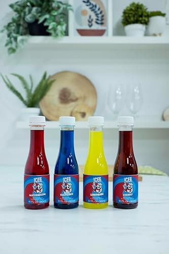ICEE 4 Pack Slushie Syrups. Genuine ICEE Shaved Ice Snow Cone Syrup including Watermelon, Lemonade, Blue Raspberry & Cherry Flavors. 4 x 6.1floz. Perfect For Snow Cones, Slushies, Sodas & Ice Pops. thumbnail 7