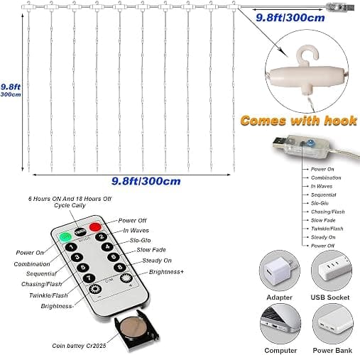 New Fairy Curtain Lights for Bedroom 300 LED, Jezoll Christmas String Lights USB Plug in 8 Modes Wall Hanging Twinkle with Remote Control for Wedding Party Backdrop Decor Warm White (9.8x9.8FT) thumbnail 4