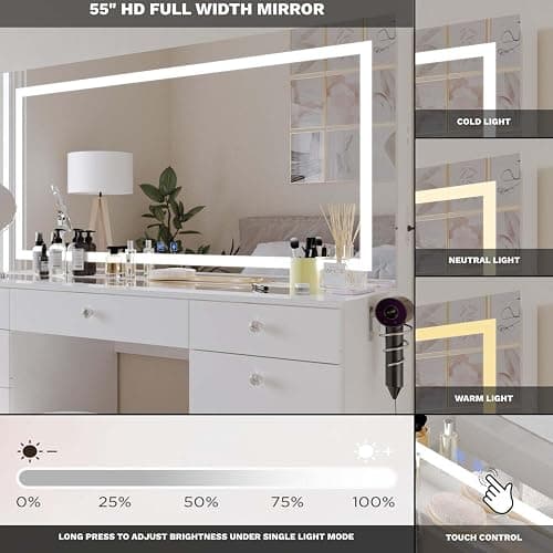 Boahaus Orla Modern Makeup Vanity Desk with Built-in Light Bulbs, USB Port, Power Outlet, 11 Drawers, Hollywood Vanity Mirror, Glam Glass Top, White/Crystal thumbnail 4