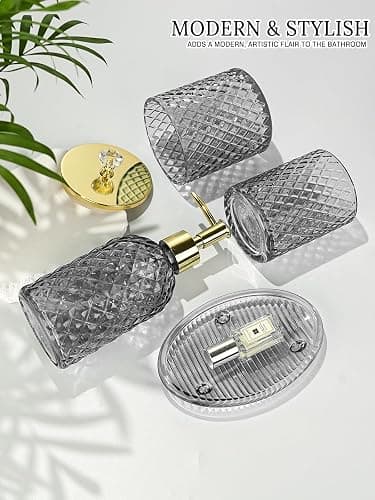 Haturi Gray Glass Bathroom Accessories Set, 4-Piece - Lotion Soap Dispenser, Toothbrush Holder, Cotton Swab Jar & Soap Dish – Elegant Gold Accent for Countertop & Housewarming Gift thumbnail 4