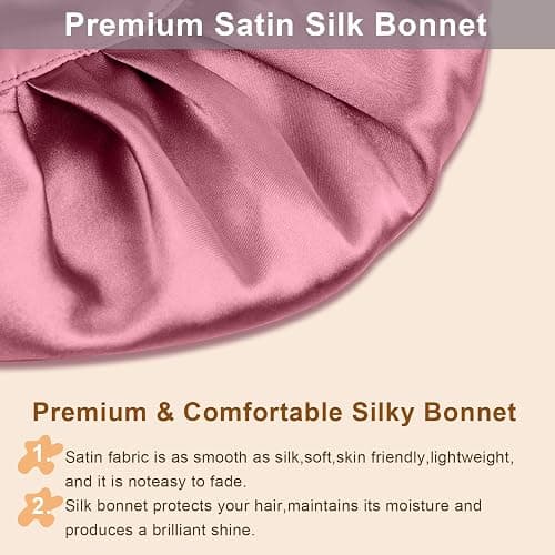 2Pcs Silk Hair Satin Bonnet for Sleeping Women,Large Satin Sleep Bonnets for Women with Elastic Tie Band Silk Hair Wrap with Ajustable Straps,Night Sleep Cap for Curly Braids,Black+Rose Gold thumbnail 7