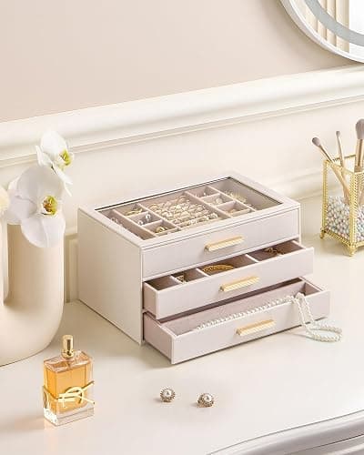 Lolalet Jewelry Box Organizer, 3-Layer Jewelry Organizers and Storage Case with Glass Lid, Ring Earring Bracelet Necklace Holder Organizer, Birthday Christmas Gifts for Women Girls -3Layer, Beige thumbnail 2
