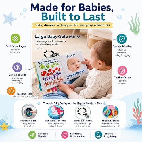 Fish Baby Books Toys, Touch Feel Cloth Crinkle Books for Babies,Baby Infant Toys 0-6, 6-12,12-18 Months,Newborn,Early Learning Education, Baby Gifts Shower for Boys Girls,Teething, Mirror,Shark Ocean thumbnail 6
