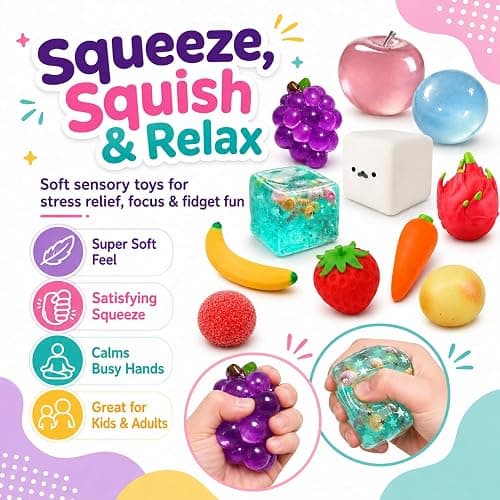 9 Pack Squishy Squeeze Toys Set, Mystery Food & Fruit Squishies (Strawberry, Carrot, Grape & More), Soft Sensory Stress Relief Toys for Kids & Adults, Birthday Party Favors (Color A) thumbnail 3