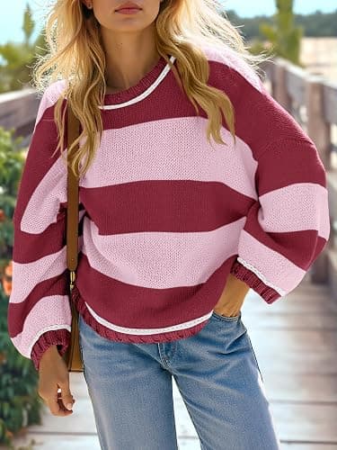 Fisoew Womens Oversized Sweaters Casual Long Sleeve Striped Color Block Crewneck Knitted Loose Fall Pullover Tops thumbnail 2
