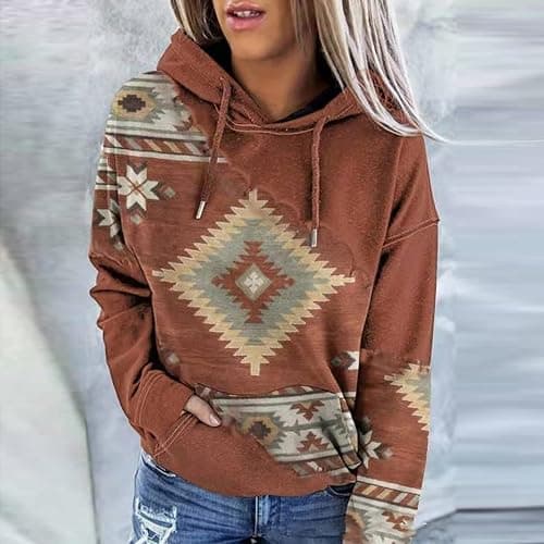 hlysgo Womens Casual Hoodies Sweatshirt Aztec Print Pattern Western Ethnic Hoodie Top Loose Long Sleeve Pullover Tops thumbnail 2