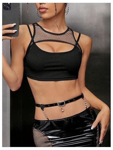 WDIRARA Women's Cut Out Tank Tops Sheer Mesh Fishnet Sleeveless 2 in 1 Crop Top Clubwear thumbnail 5