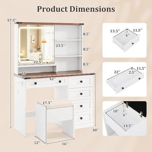CHARMAID Vanity Desk with Mirror and Lights, Farmhouse Makeup Vanity Desk with 5 Drawers, 3 Shelves, Storage Chair, Charging Station, 42" White Vanity Dressing Table with Stool for Bedroom thumbnail 2
