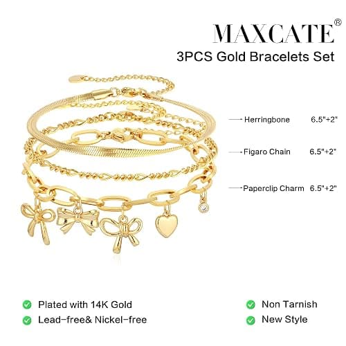 Maxcate 3PCS Charm Gold Bracelets for Women Non Tarnish,14k Plated Gold Bracelet Stack Cute Dainty Stackable Trendy Bow Cross Clover Bracelets Set Tarnish Free Gold Jewelry for Women Gifts thumbnail 4