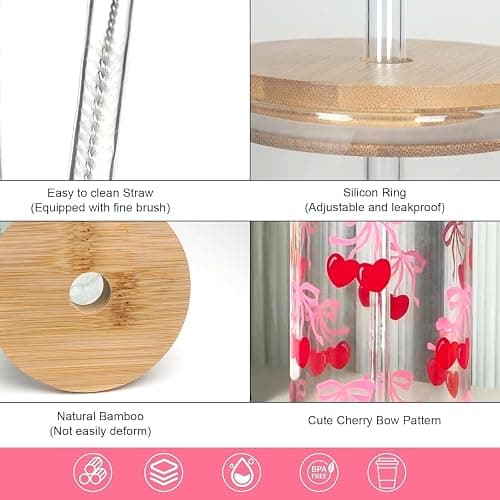 Mason Life Cherries Bows Glass Cups with Lids and Straws, 18OZ Cherry Decor Iced Coffee Cups with Lids, Cute Glass Cups Valentine's Day Gift for Women, Coquette Aesthetic Glass Cups -Set of 2 thumbnail 4