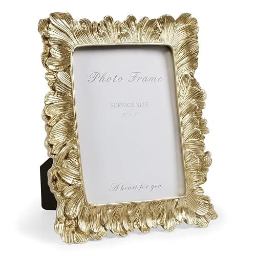 Cuspin 5x7 Picture Frame Gold Frames, Vintage Ornate Palm Leaves Textured Hand-Crafted Resin Frame with Glass Front, Elegant Retro Photo Frame for Wall and Tabletop Display Home Decor - Image 1