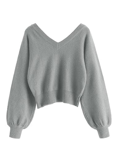 ZAFUL Women's Cropped Sweater V-Neck Long Sleeve Crop Sweater Pullover Jumper Knit Top - 1-gray - Medium - Image 1