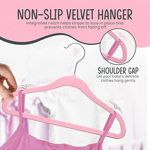 TechZoo 50 Premium Baby Velvet Hangers - 11.8 Inches Non-Slip & Ultra-Slim Baby Hangers for Space-Saving & Children Clothes - 360 Swivel Hook, Strong & Durable Infant & Toddler Clothes Hanger - Pink thumbnail 7