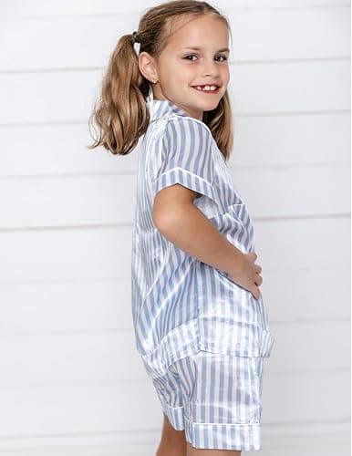 Arshiner Girls Pajamas Silk Satin Pajama Sleepwear Button Down Kids Pj Set | Soft Comfortable Silky Fabric, 2-Piece Pjs, Cute Pajamas for Little & Big Girls, Ideal for Lounging and Sleeping thumbnail 4