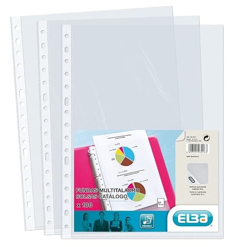 Elba, Fundas Plástico A4 Transparente, 100 Unidades, Multitaladro, Polipropileno Piel de Naranja 70μ - Image 1