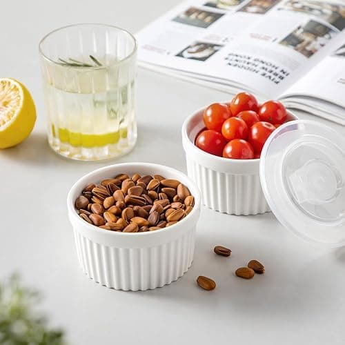 vancasso 8 oz Ramekins with Lid, Porcelain Creme Brulee Souffle Dishes, White Pudding Custard Cups Ramiken for Baking, Dishwasher and Oven Safe, Set of 6 thumbnail 8