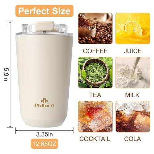 Philorn Thermobecher Kaffee to go Becher - 13oz/380ml Kaffeebecher to go mit Deckel, Auslaufsicher Coffee to-go Becher Thermo aus Edelstahl, Wiederverwendbar Kaffee Thermobecher, Weiß thumbnail 2