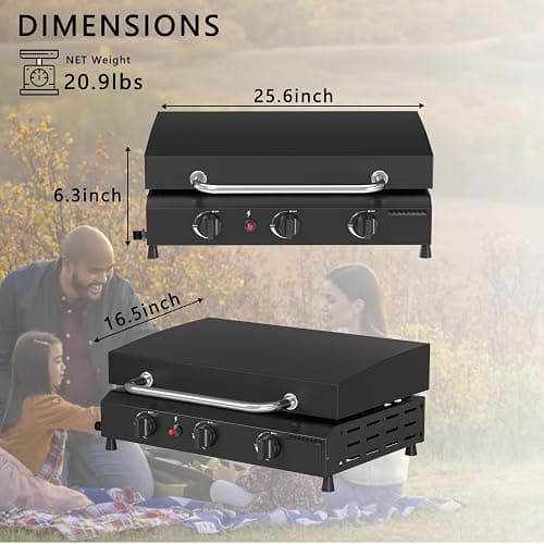 SKOK 23.3 Inch Flat Top Grill, Gas Griddle with Hood, Portable Tabletop Propane Gas Griddle Grill for Camping, Outdoor & Tailgating Barbecue, 45,000 BTU Output, 3 Burners thumbnail 3