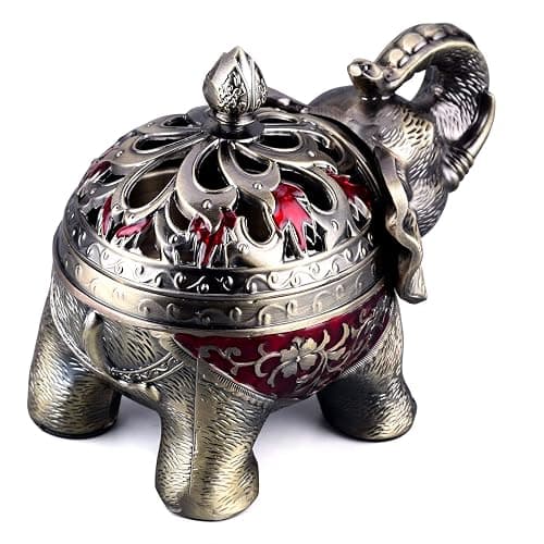K COOL Metal Backflow Incense Holder Elephant Cone Incense Burner Candle Holder with Lid, Aromatherapy Ornament Home Office Decoration for Indoor Outdoor (Red) thumbnail 6