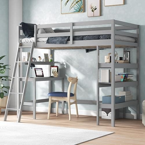 (PURCHASED) KOTEK Twin Loft Bed with Desk & Storage Shelves, Solid Wood Loft Bed Frame with Bookcase, Ladder, Guardrails, Twin Size Loft Bed for Kids, Teens, Drom, Apartment (Grey) - Image 1