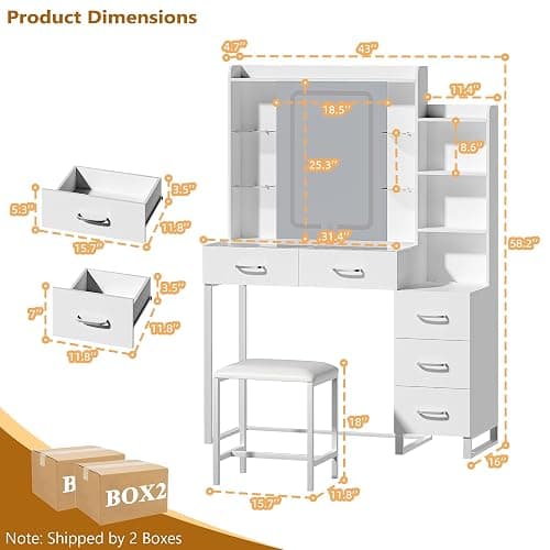 HUAHUU Vanity Desk with Mirror and Lights 3 Colors, 43.3" Makeup Vanity with Glass Top & RGB Light, White Vanity Table Set with Stool, 5 Drawers & Power Outlet for Bedroom Dressing Room thumbnail 2