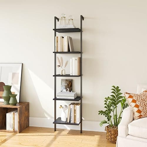 ELYKEN Ladder Shelf, 5-Tier Wood Wall Mounted Bookshelf with Metal Frame, Vintage Open Display Organizer Rack, Leaning Storage Shelves for Living Room, Bedroom, Home Office, Black - Black thumbnail 5