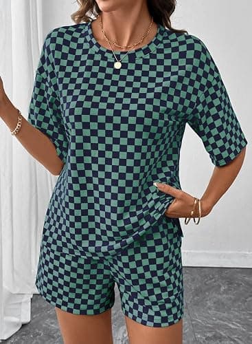 SHEWIN Women's Plaid 2 Piece Short Sets 2026 Lounge Beach Travel Vacation Outfits Matching Shorts Sweatsuit with Pockets thumbnail 3