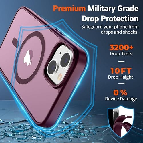 SUPFINE Magnetic for iPhone 14 Case & iPhone 13 Case (Compatible with MagSafe)(Military Grade Drop Protection) Translucent Matte Shockproof Phone Cover,Wine Red thumbnail 3