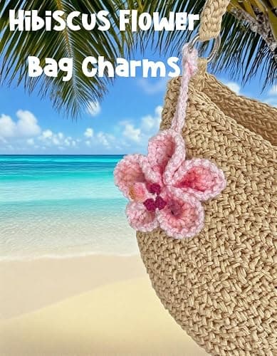 Hibiscus Flower Car Hanging Ornament,Crochet Hawaiian Tropical Flowers Bag Charms Decor Car Rear View Mirror Beach Accessories (Pink) thumbnail 3
