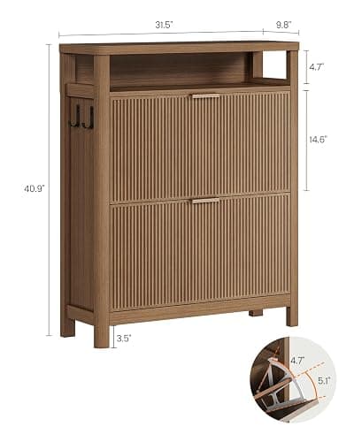AOGLLATI Shoe Cabinet Storage,Narrow Fluted Shoe Rack Cabinet with 2 Flip Drawers, Wooden Freestanding Organizer with Open Storage Space for Entryway,Wood (Wood) - Wood thumbnail 2