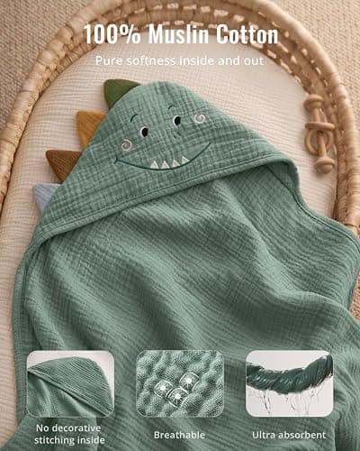 Blissful Diary Muslin Baby Hooded Towel, Soft and Absorbent Bath Towel for Newborn, Infant, Toddler, Unisex, 32″x32″ - Roguish Dino thumbnail 2