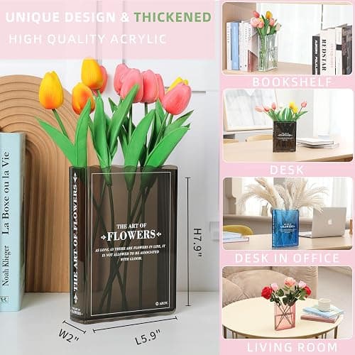 Book-Shaped Flower Vase, Cute Bookshelf Decor, Unique Black Vase for Home Decor & Cultural Flavor Acrylic Flowers Vases for Bedroom & Home Office Decor, A Book About Flowers (Black) thumbnail 2