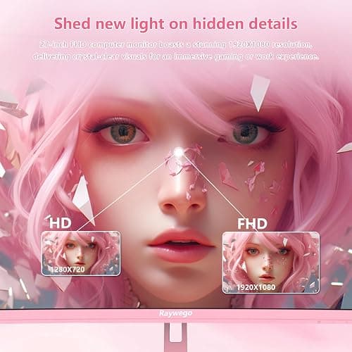 Raywego Pink 27 inch Curved Gaming Monitor 180Hz,FHD 1080P,1800R LED Display,Pink Computer Monitor,1ms (MPRT),FreeSync,Eye-Care Technology, DP, HDMI Port for Gaming Home Office,VESA(75mm*75mm) thumbnail 4